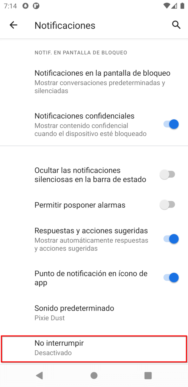 Pantalla de configuración de notificaciones de Android